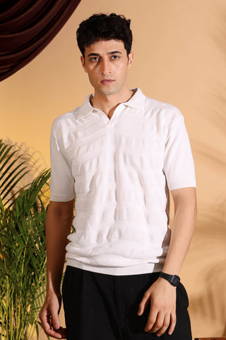 White Pure Cotton Textured Polo Men's Knitted T-Shirt