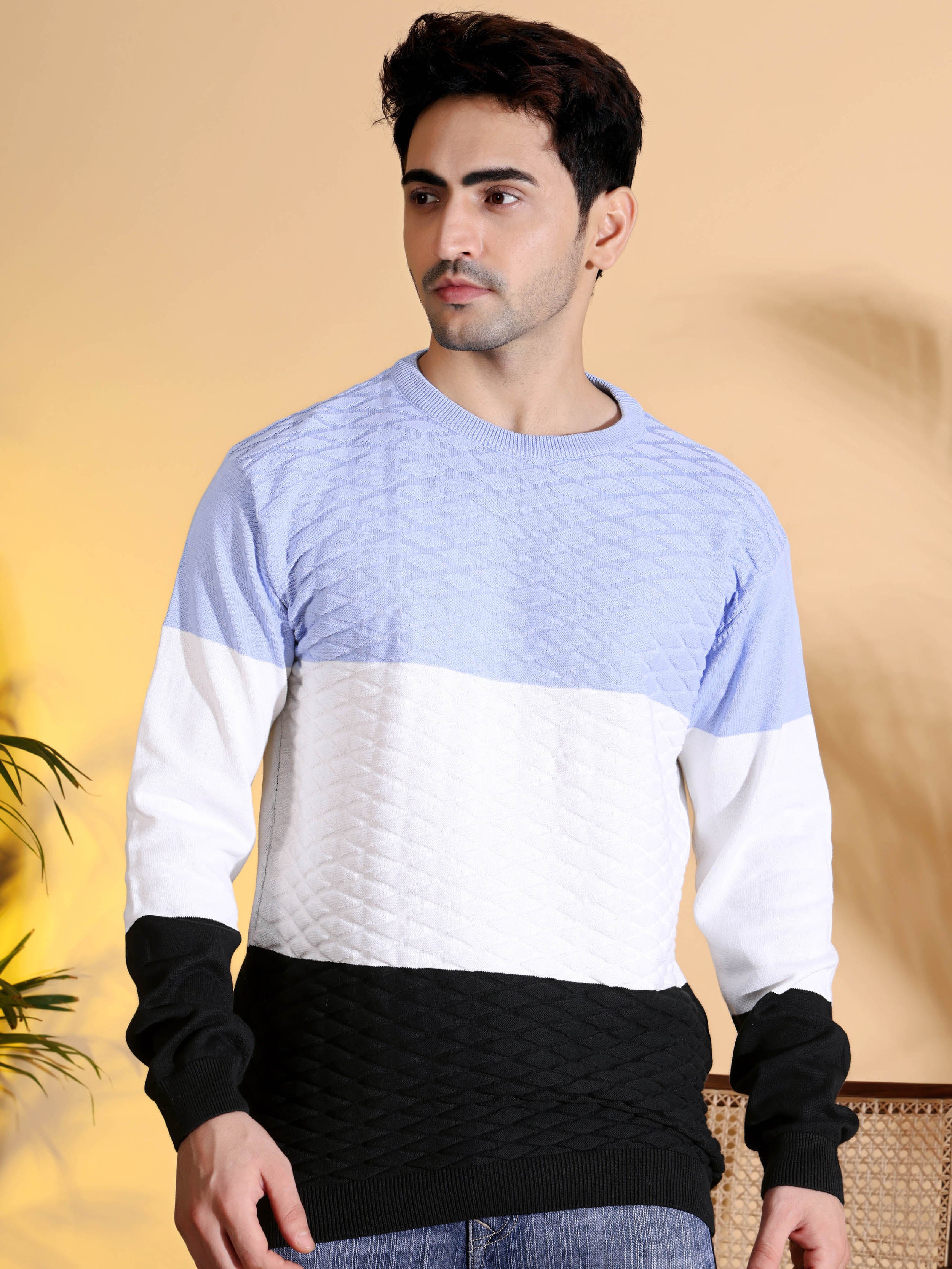 Blue Tri Color Pure Cotton Knitted Men T-Shirt