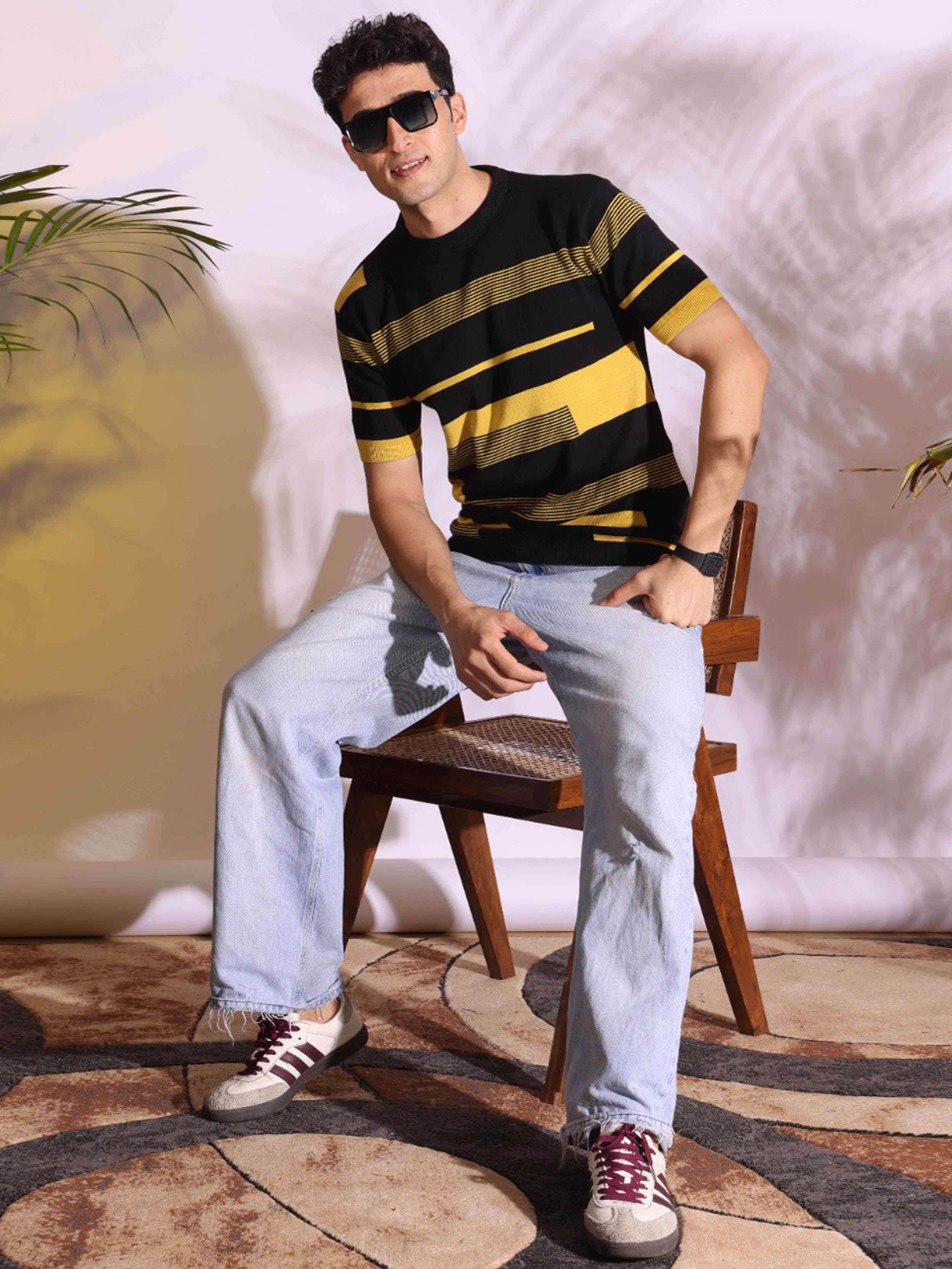 Yellow Stripe Pure Cotton Men's Knitted T-Shirt