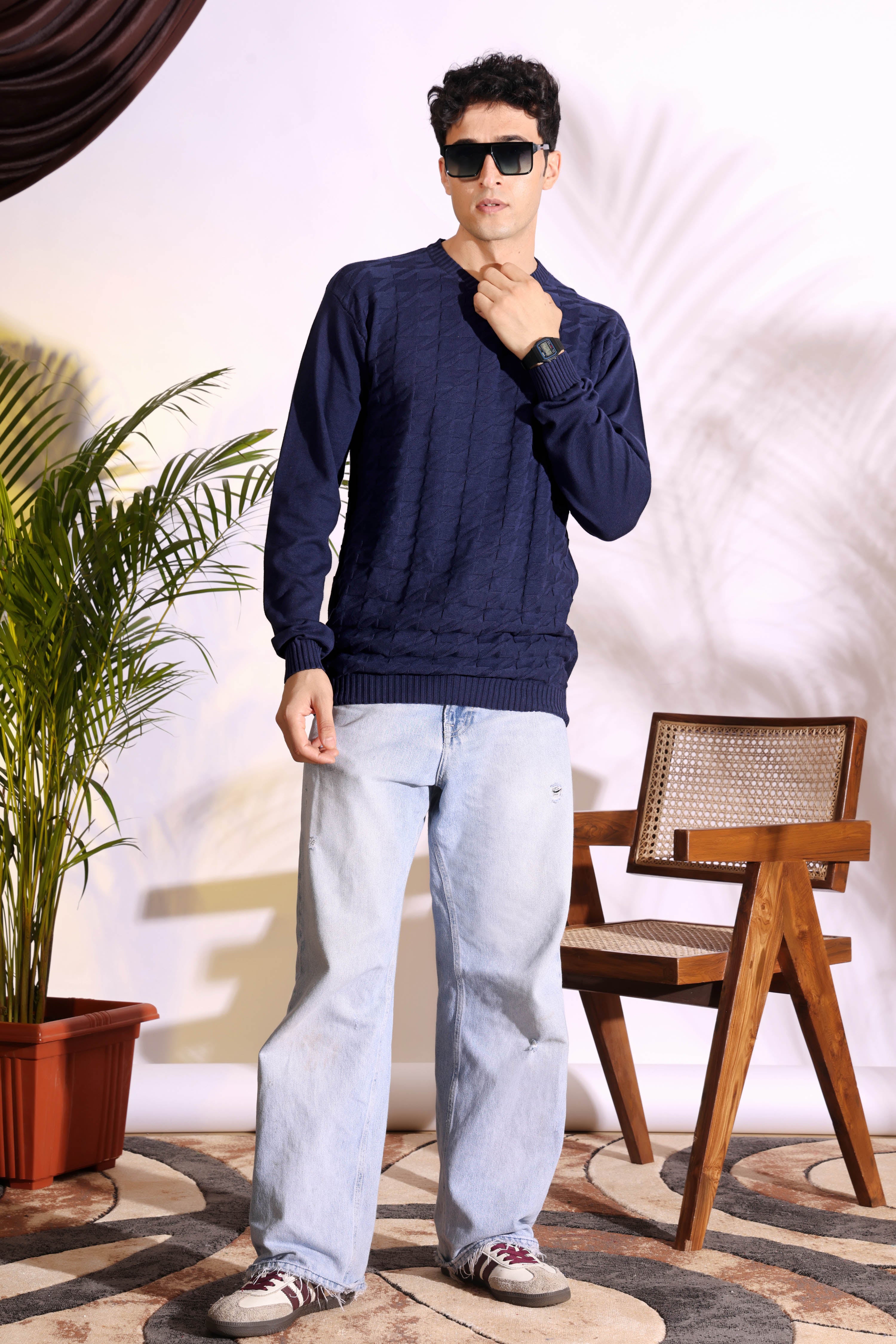 V-neck Blue Pure Cotton Textured Men's Knitted T-Shirt