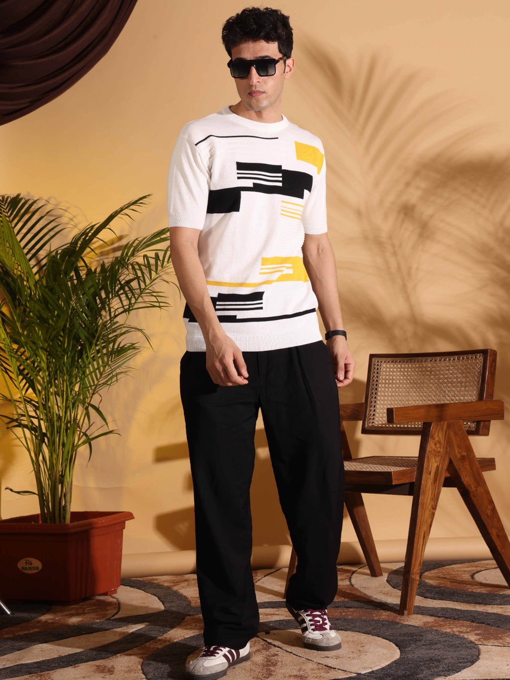 Attractive Blush White Self Pattern Knitted T-Shirt