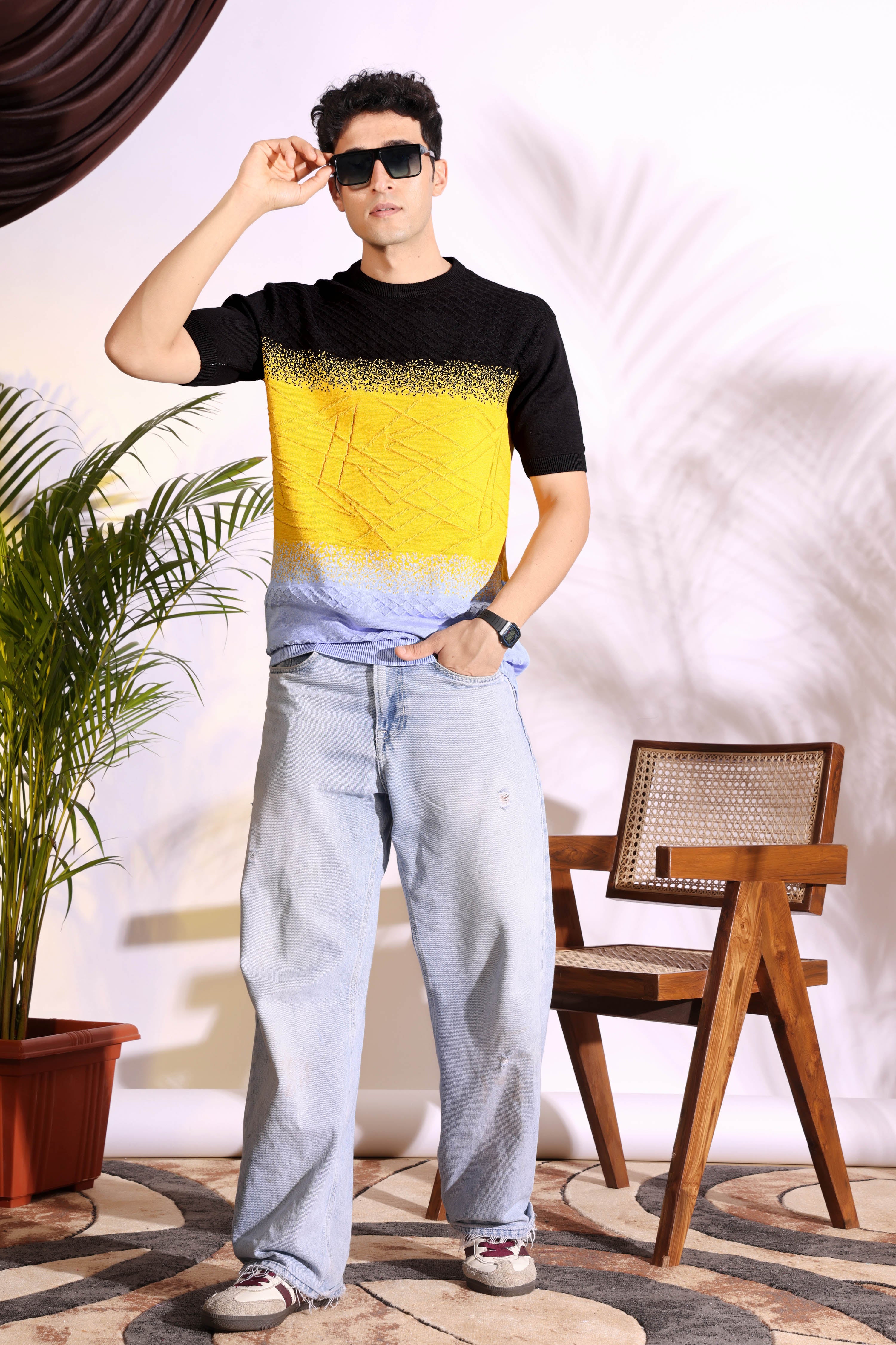 Multi Color Black Sun-Shine Knitted Men's T-Shirt