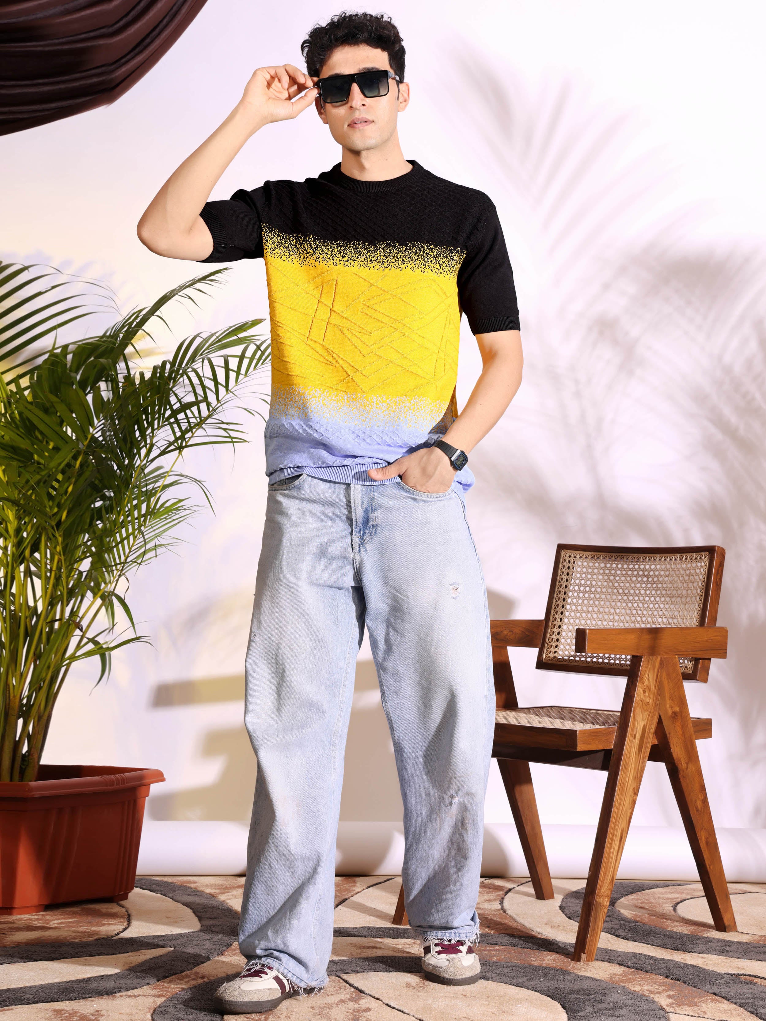 Multi Color Black Sun-Shine Knitted Men's T-Shirt