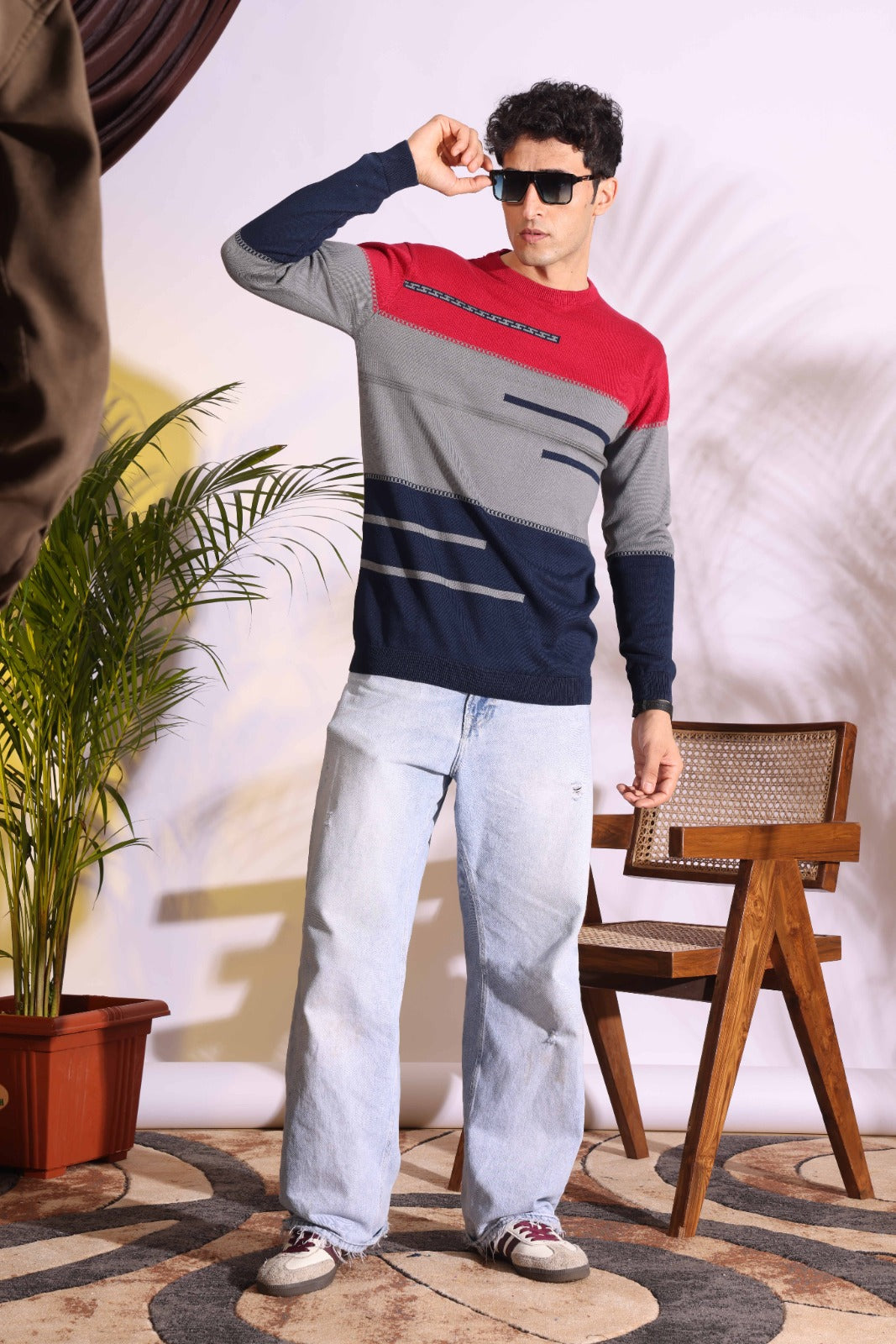 Red Tri Color Pure Cotton Knitted Men T-Shirt