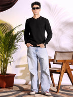 V-neck Black Pure Cotton Textured Men's Knitted T-Shirt