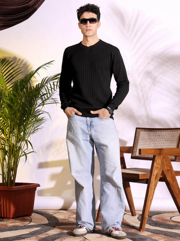 V-neck Black Pure Cotton Textured Men's Knitted T-Shirt