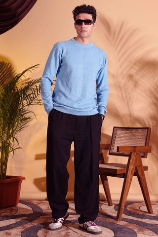 Blue Self Structured Box Pure Cotton knitted T-Shirt