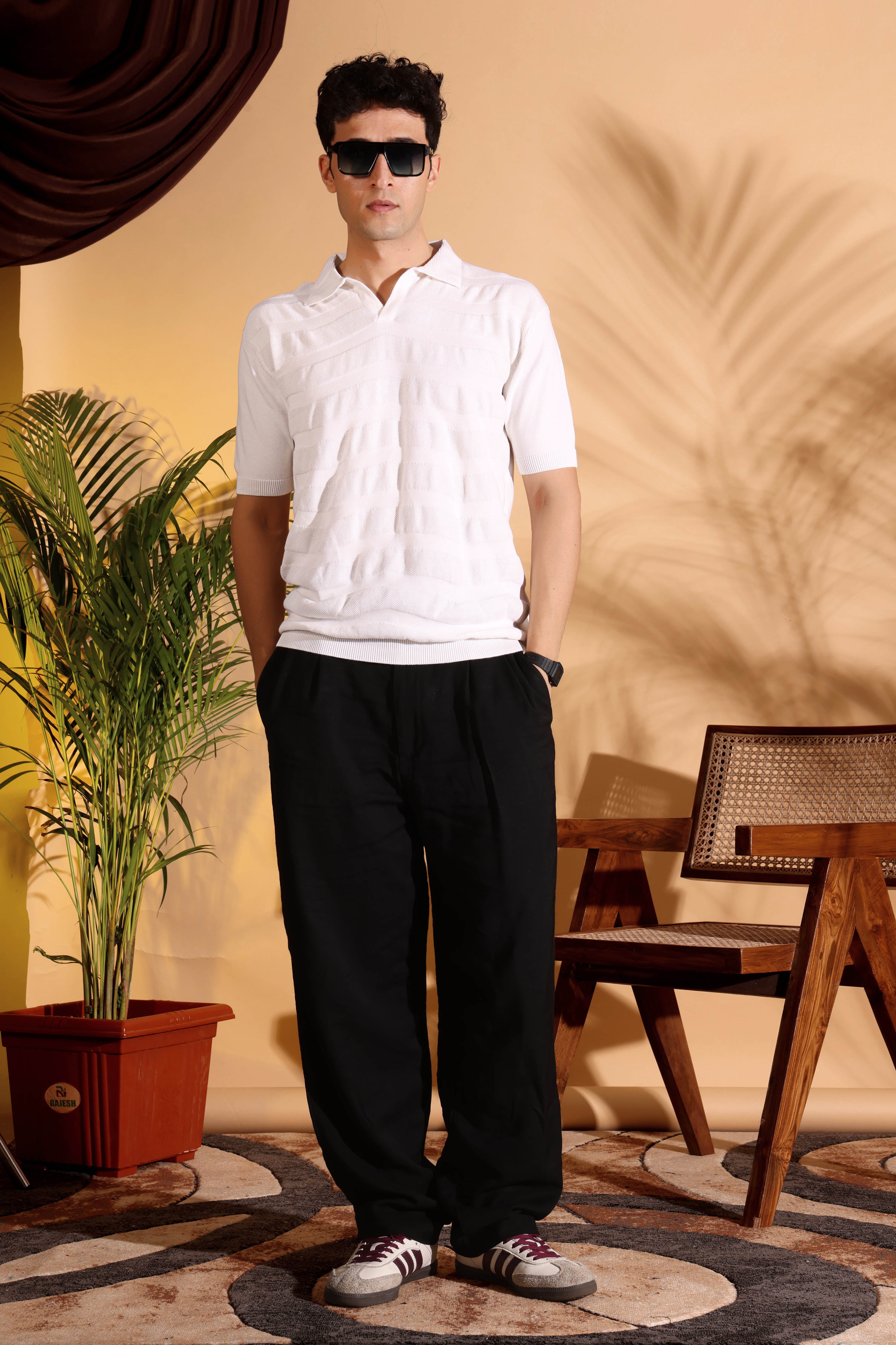 White Pure Cotton Textured Polo Men's Knitted T-Shirt