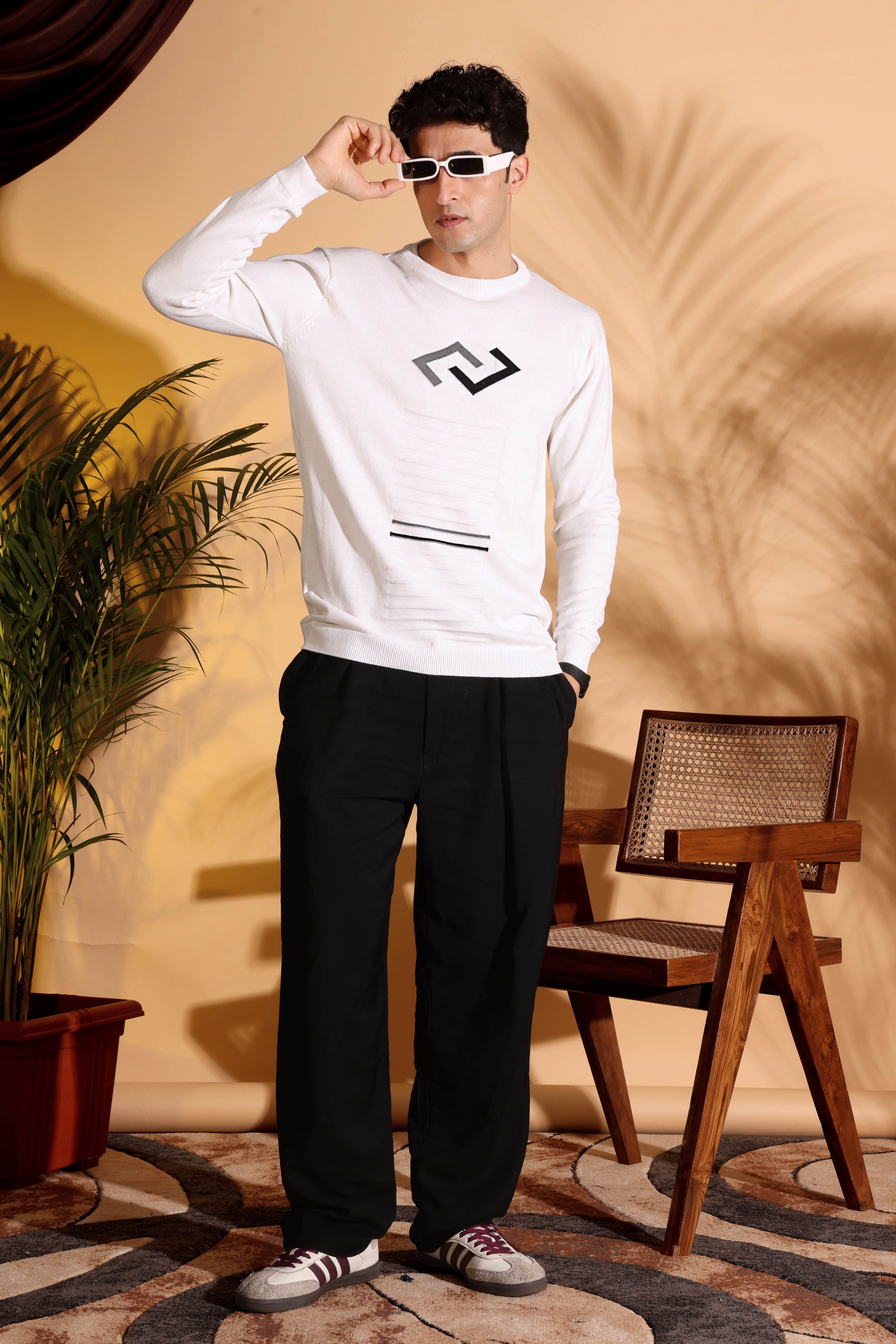 Exclusive White Self Structured Cotton knitted T-Shirt