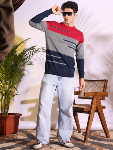 Red Tri Color Pure Cotton Knitted Men T-Shirt