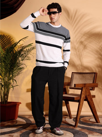 White Self Structured Box Pure Cotton knitted T-Shirt