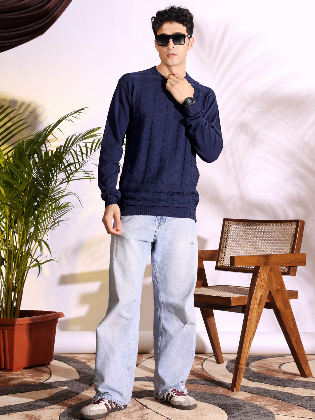 V-neck Blue Pure Cotton Textured Men's Knitted T-Shirt