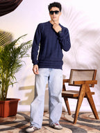 V-neck Blue Pure Cotton Textured Men's Knitted T-Shirt