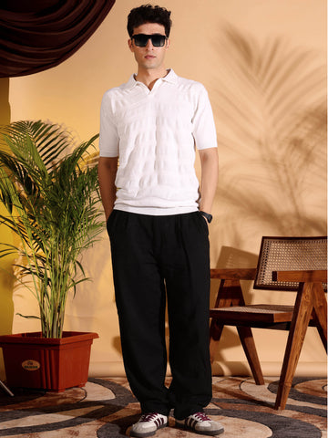 White Pure Cotton Textured Polo Men's Knitted T-Shirt