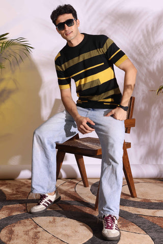 Yellow Stripe Pure Cotton Men's Knitted T-Shirt