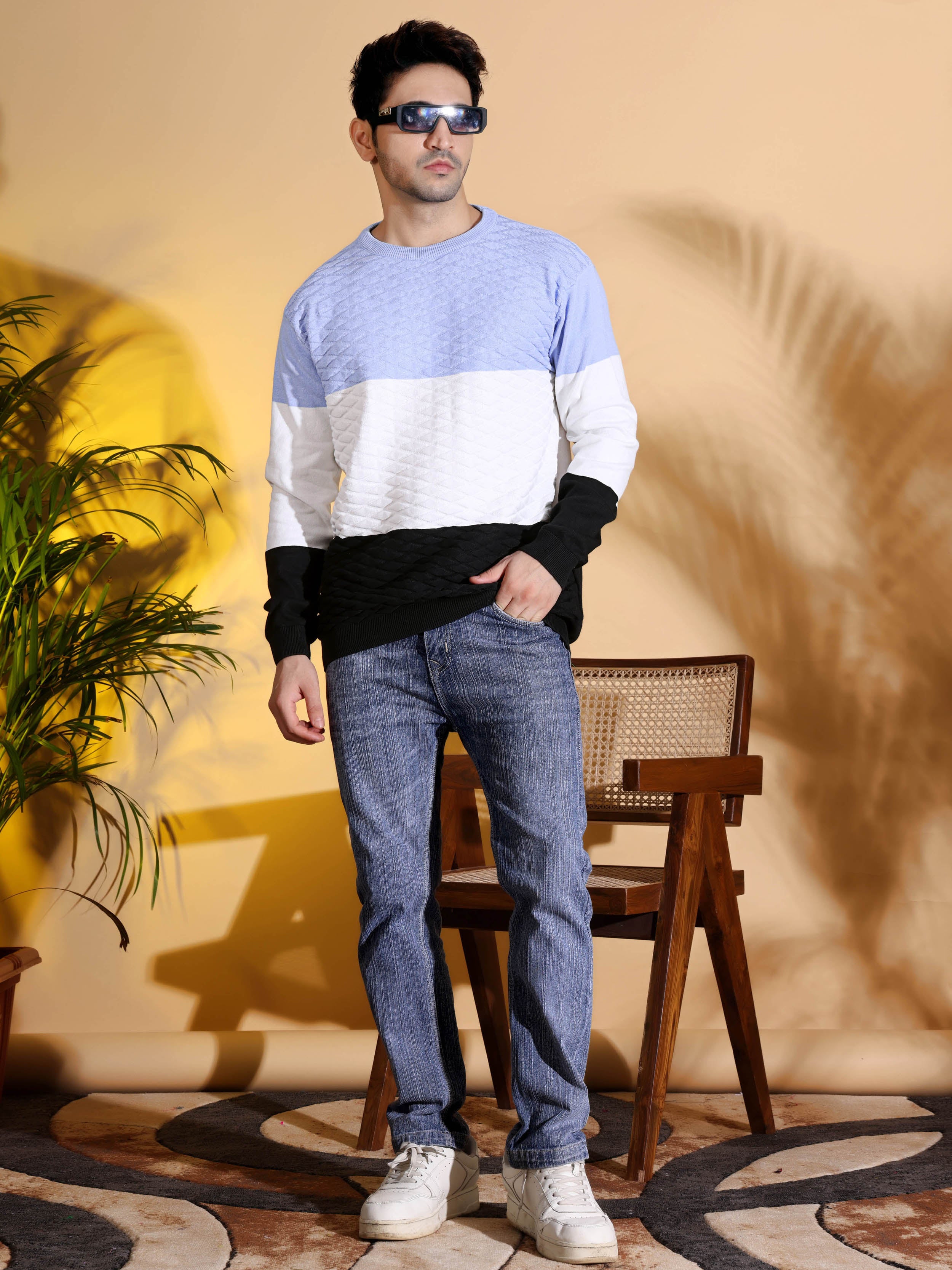 Blue Tri Color Pure Cotton Knitted Men T-Shirt