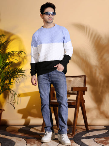 Blue Tri Color Pure Cotton Knitted Men T-Shirt