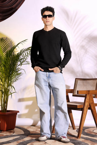 V-neck Black Pure Cotton Textured Men's Knitted T-Shirt