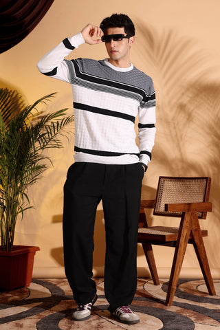 White Self Structured Box Pure Cotton knitted T-Shirt