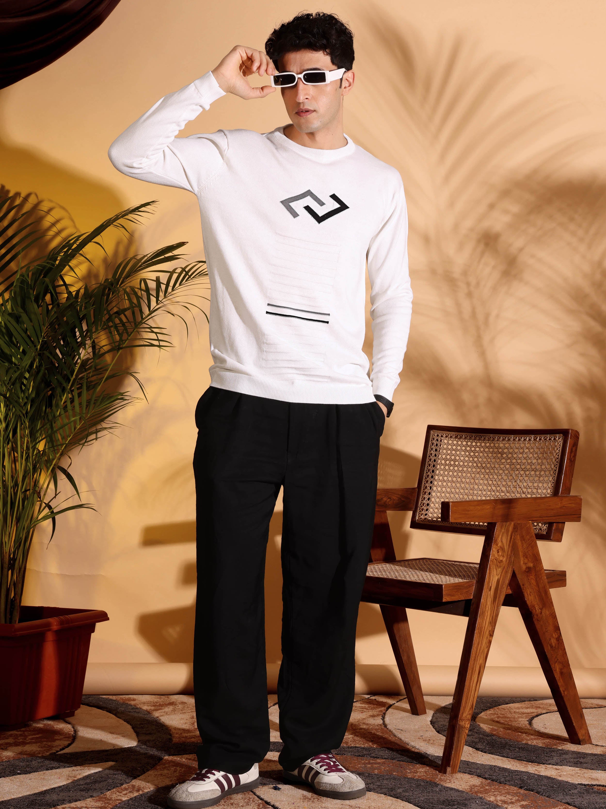 Exclusive White Self Structured Cotton knitted T-Shirt