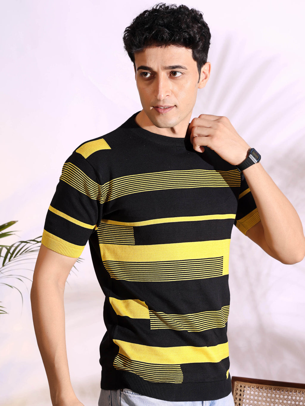 Yellow Stripe Pure Cotton Men's Knitted T-Shirt