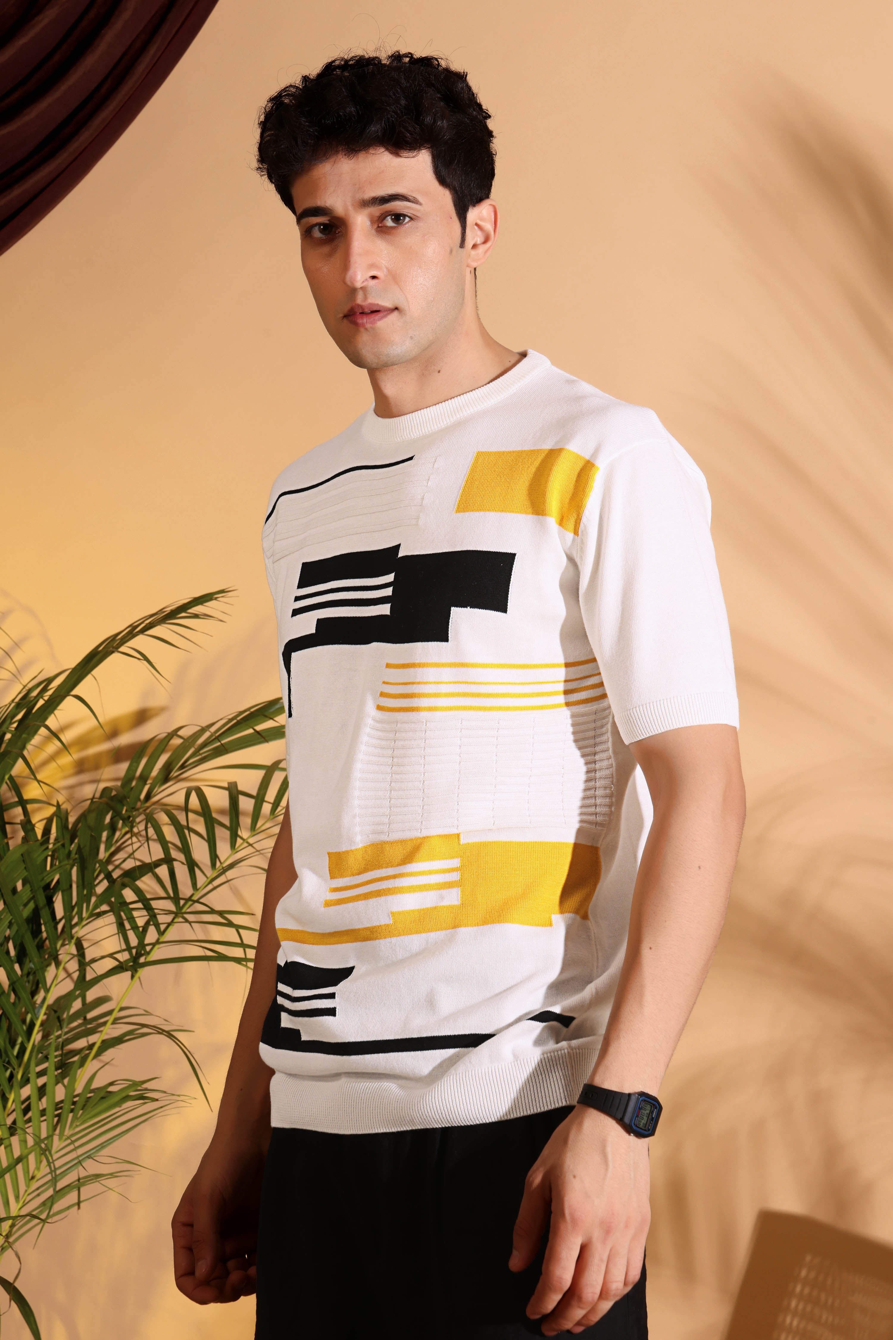 Attractive Blush White Self Pattern Knitted T-Shirt