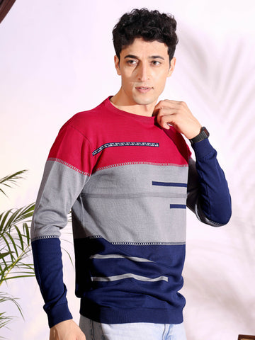 Red Tri Color Pure Cotton Knitted Men T-Shirt