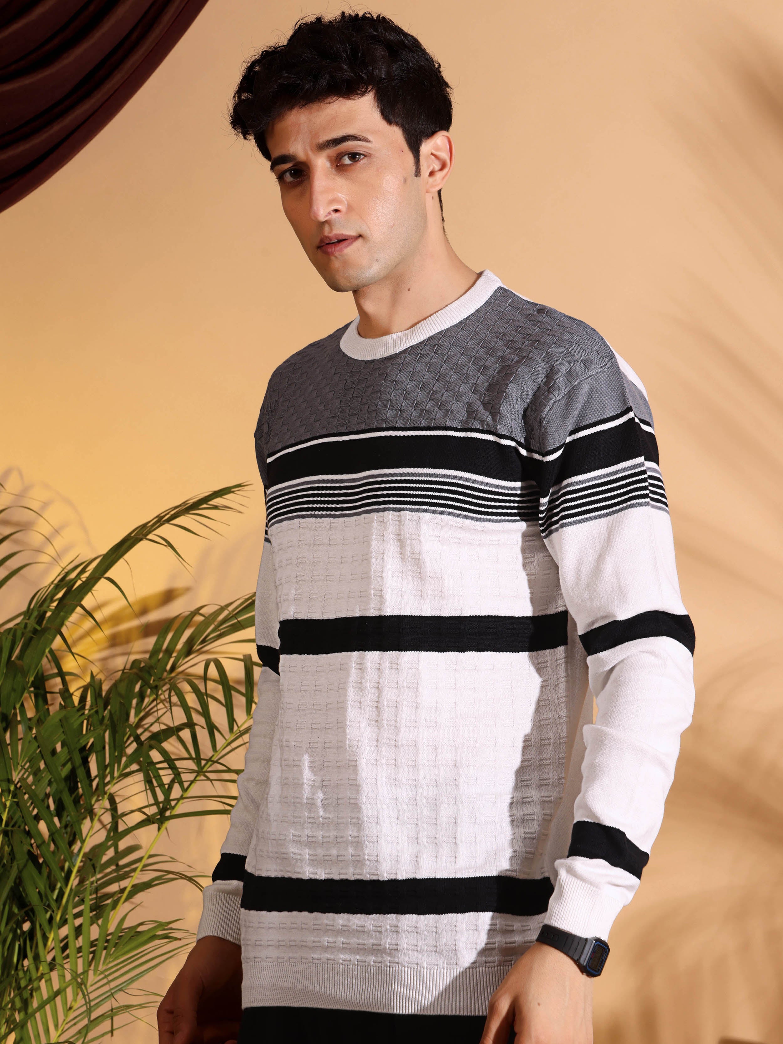 White Self Structured Box Pure Cotton knitted T-Shirt