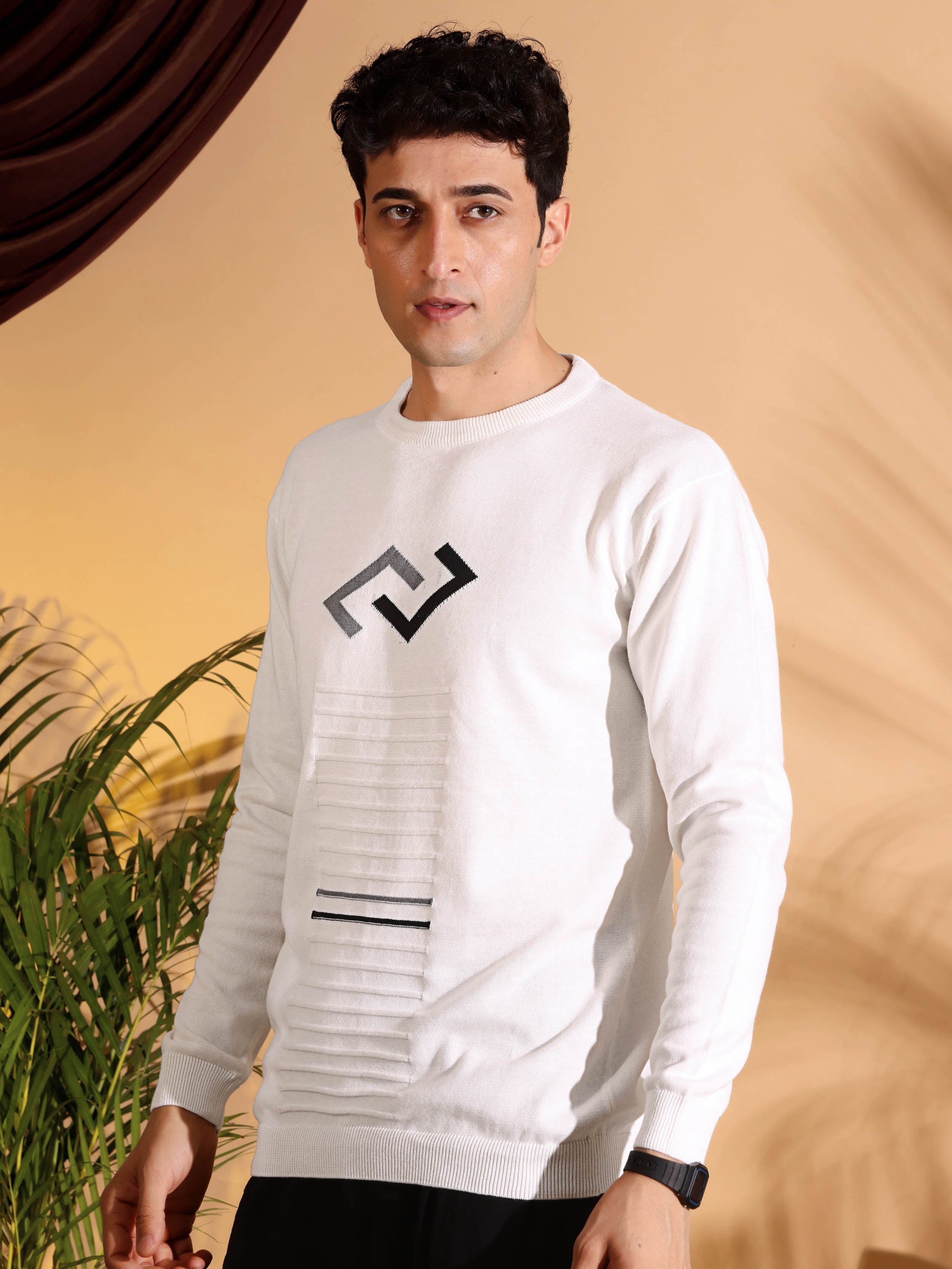 Exclusive White Self Structured Cotton knitted T-Shirt