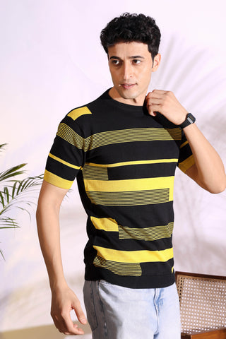Yellow Stripe Pure Cotton Men's Knitted T-Shirt