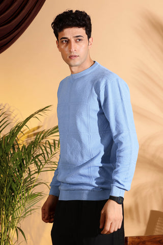 Blue Self Structured Box Pure Cotton knitted T-Shirt