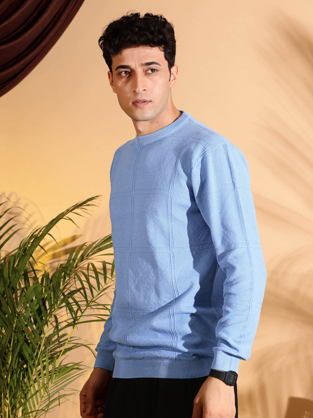 Blue Self Structured Box Pure Cotton knitted T-Shirt