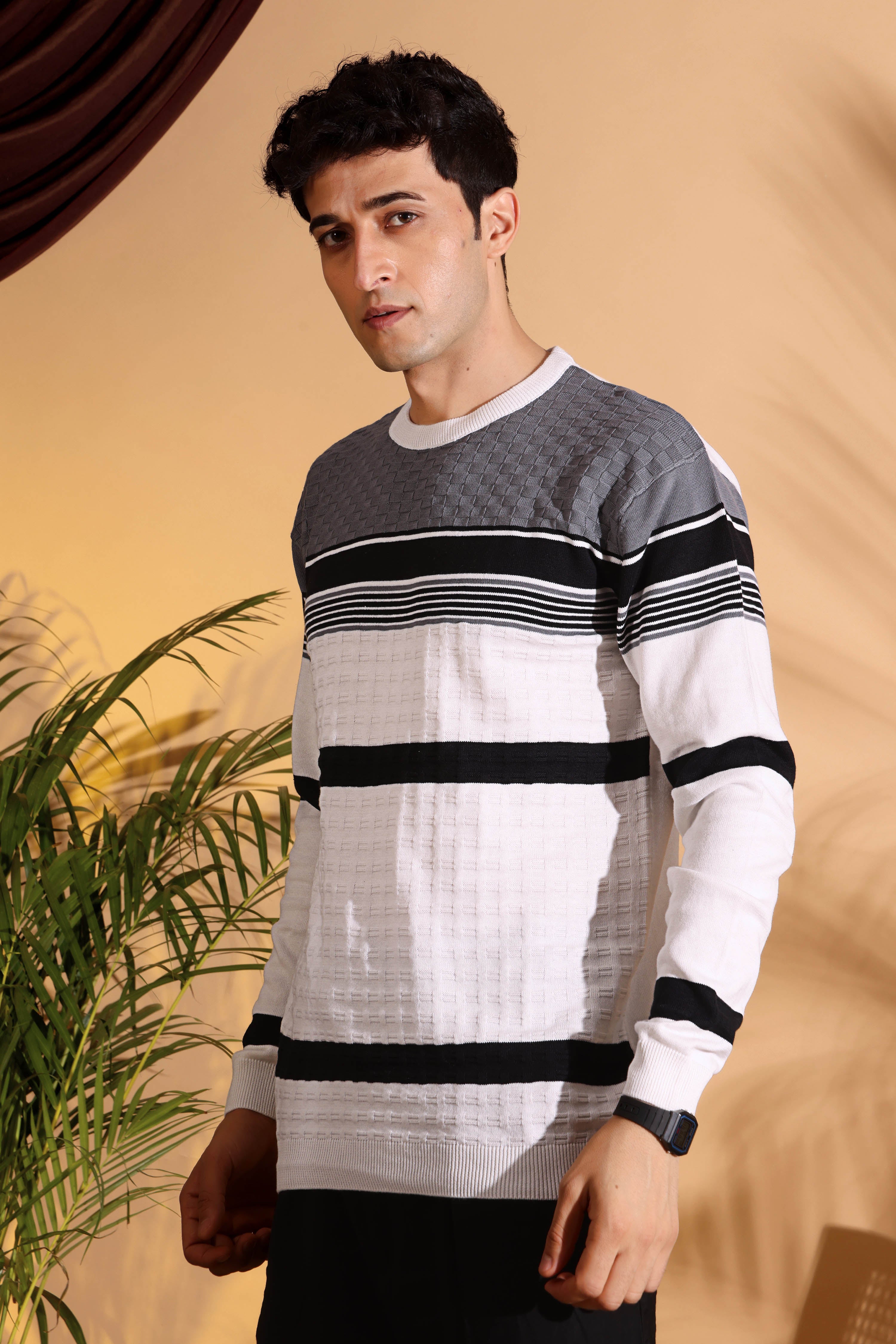 White Self Structured Box Pure Cotton knitted T-Shirt