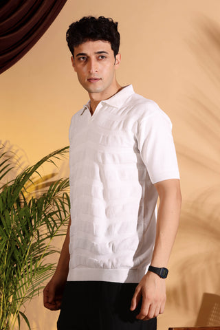 White Pure Cotton Textured Polo Men's Knitted T-Shirt