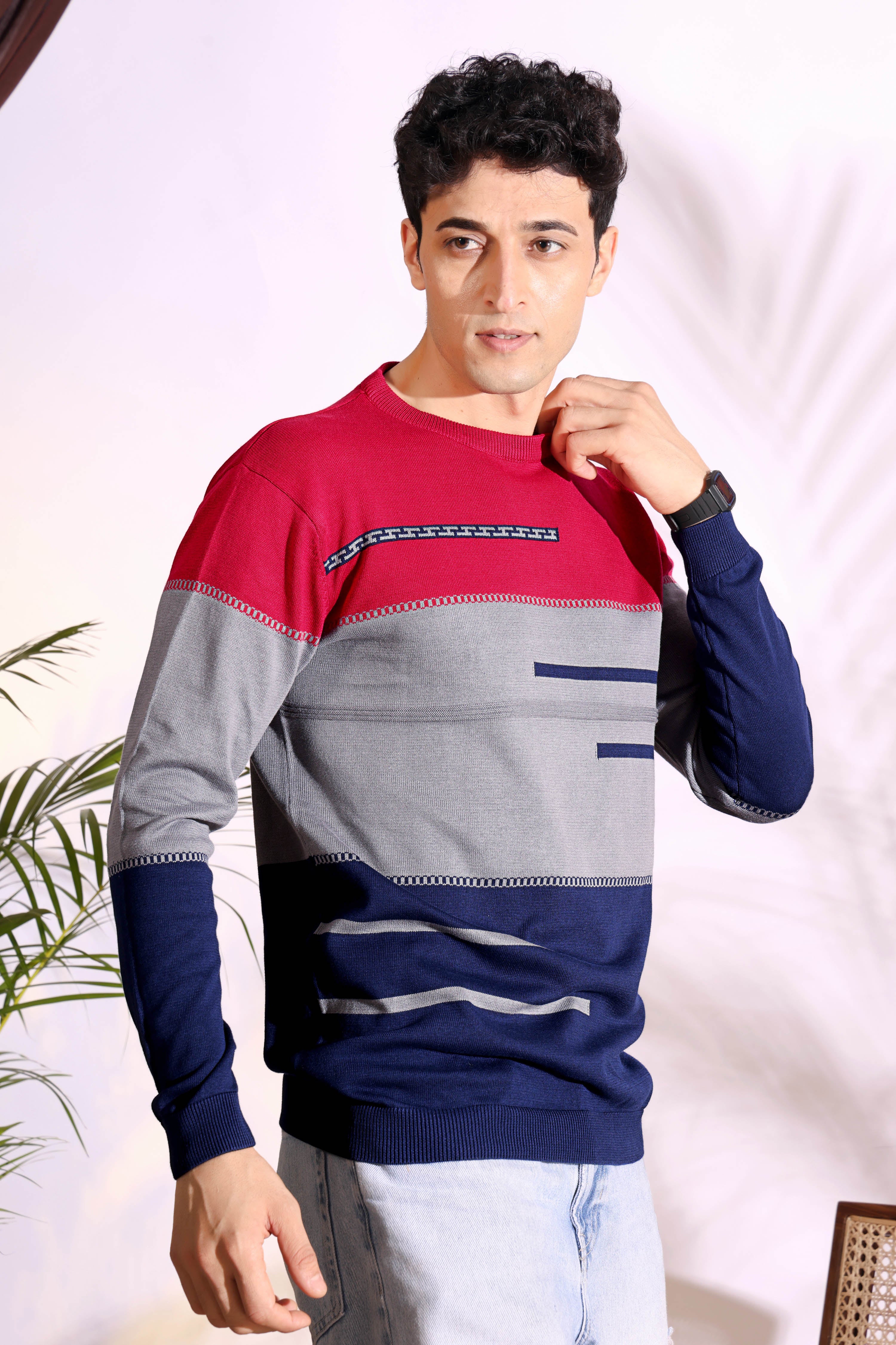 Red Tri Color Pure Cotton Knitted Men T-Shirt