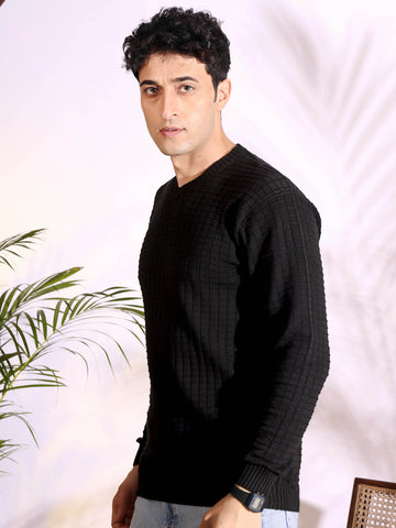 V-neck Black Pure Cotton Textured Men's Knitted T-Shirt