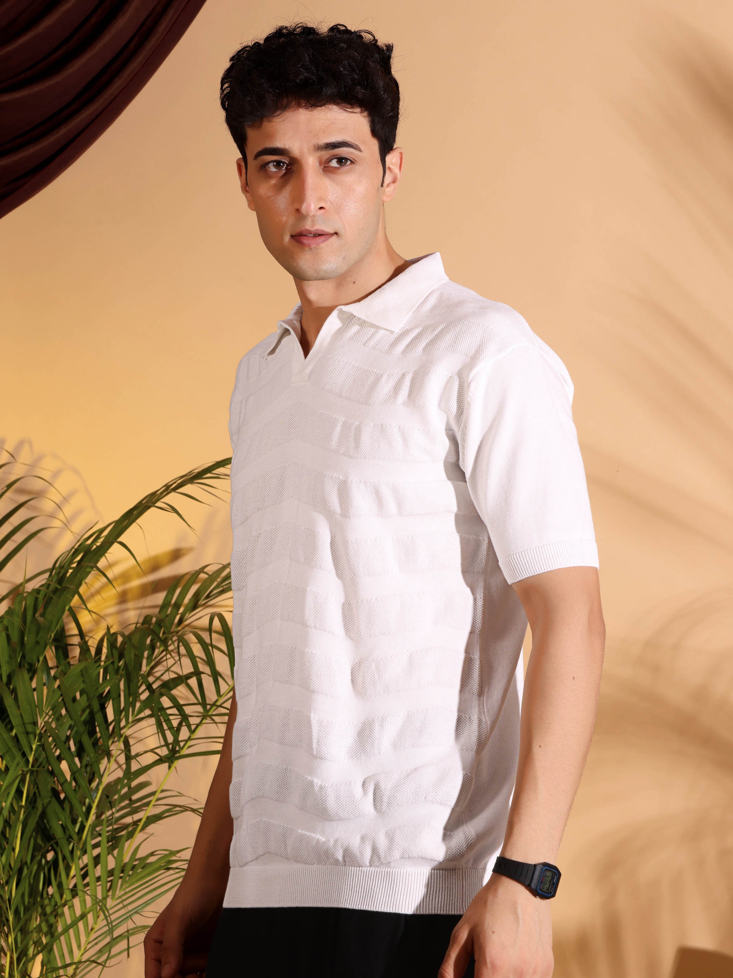 White Pure Cotton Textured Polo Men's Knitted T-Shirt