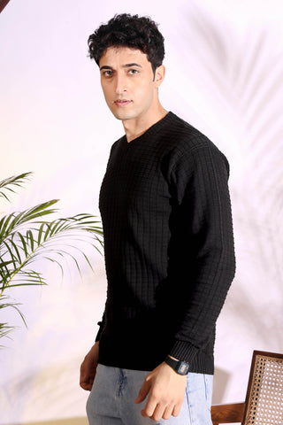 V-neck Black Pure Cotton Textured Men's Knitted T-Shirt