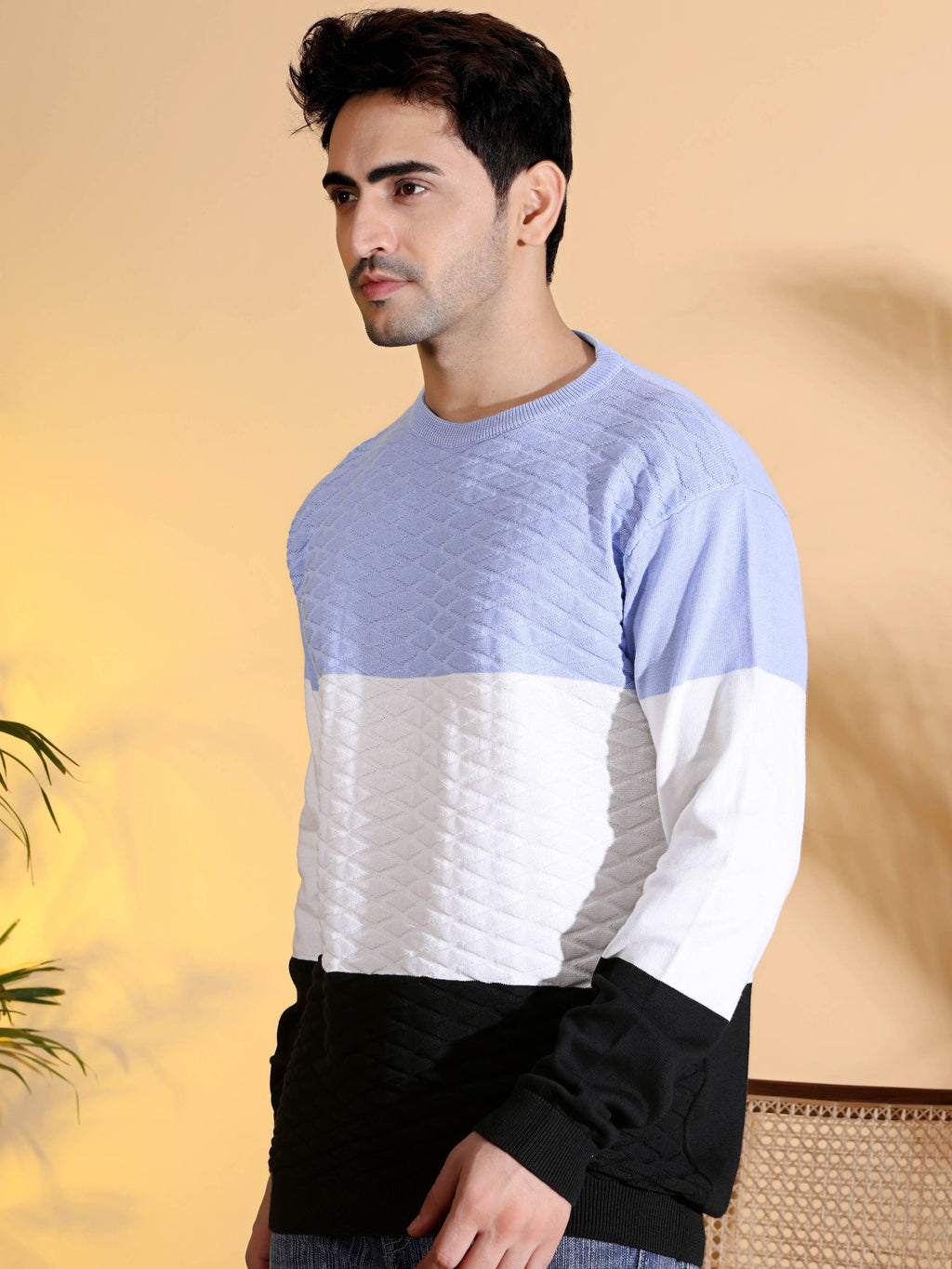 Blue Tri Color Pure Cotton Knitted Men T-Shirt