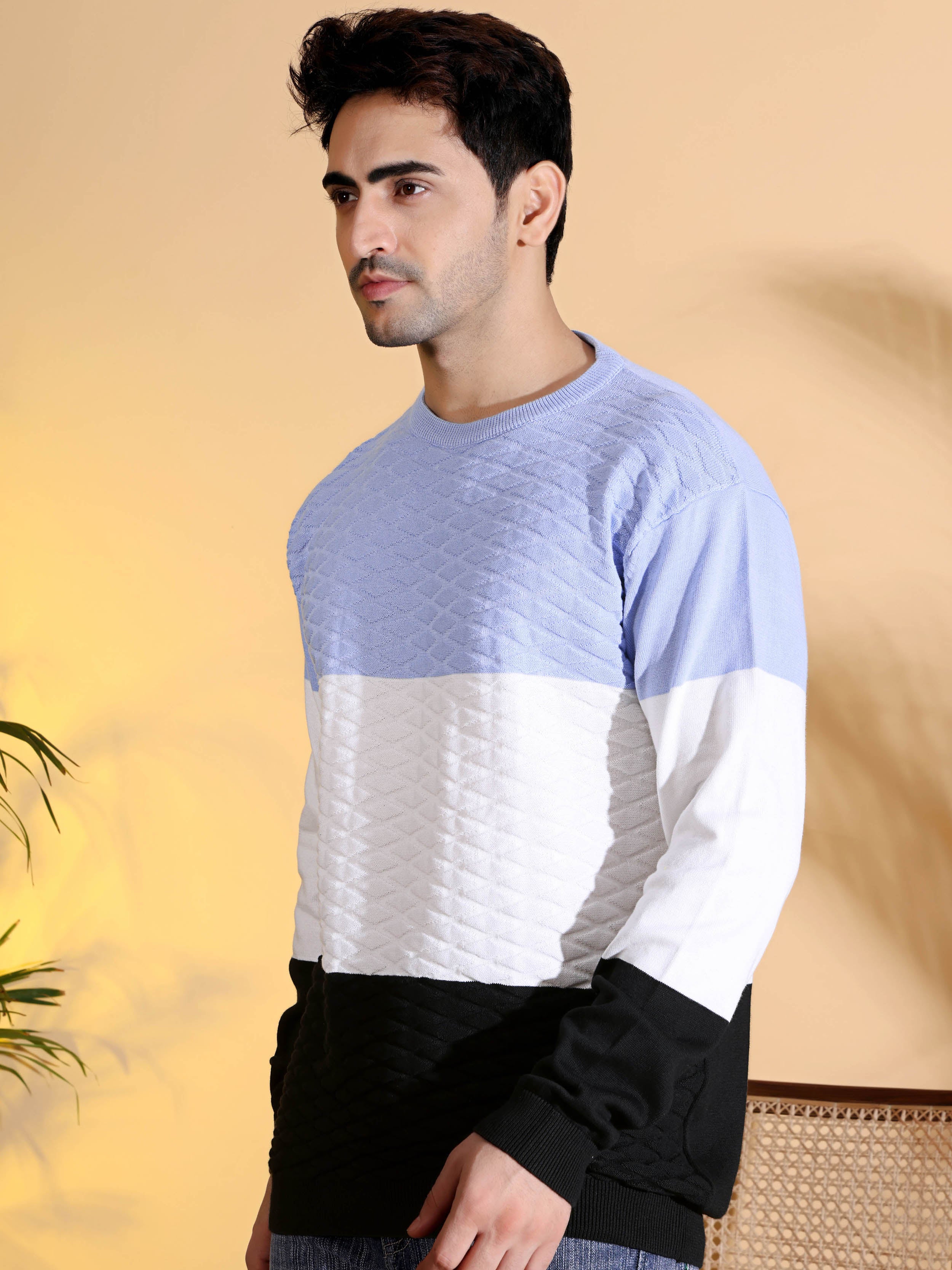 Blue Tri Color Pure Cotton Knitted Men T-Shirt