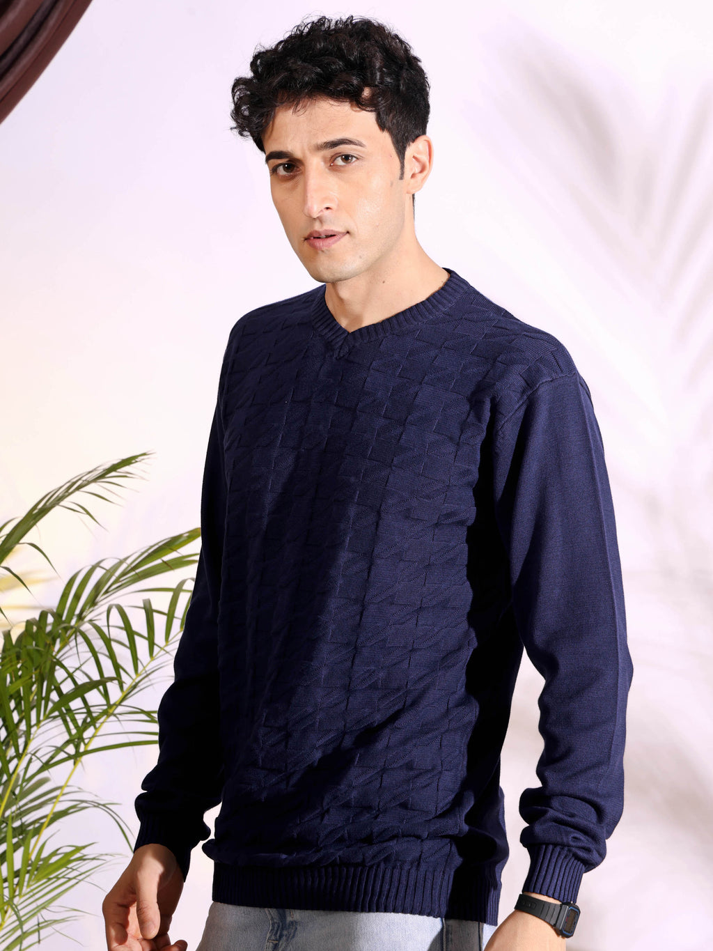 V-neck Blue Pure Cotton Textured Men's Knitted T-Shirt