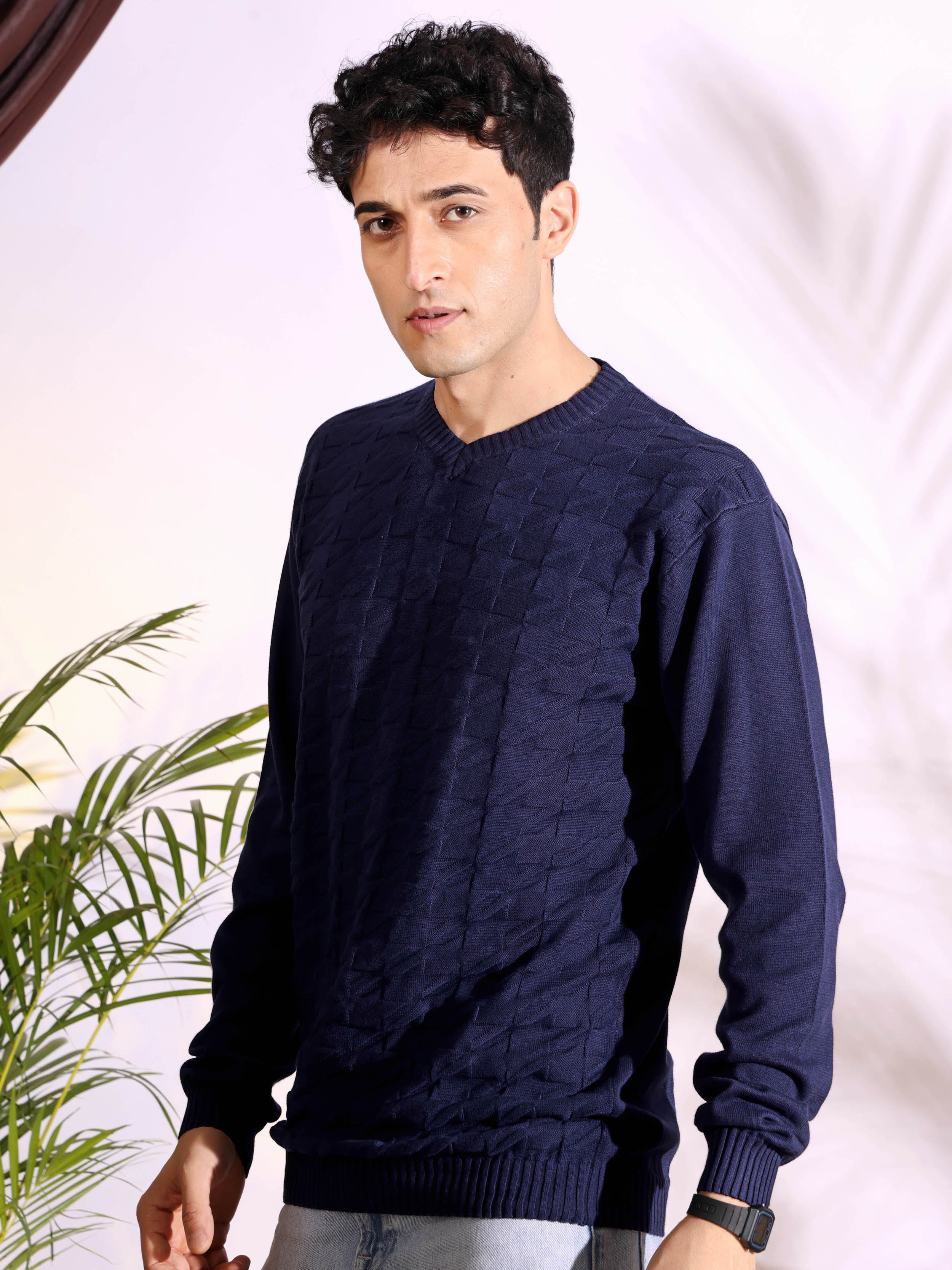 V-neck Blue Pure Cotton Textured Men's Knitted T-Shirt