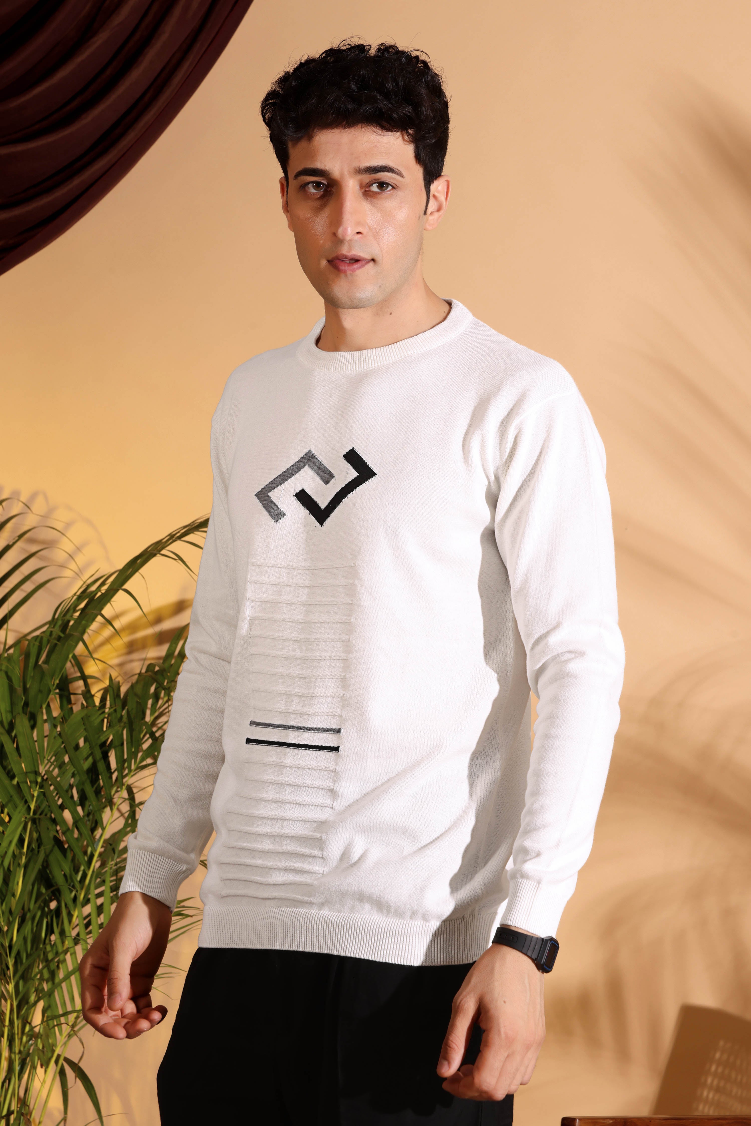 Exclusive White Self Structured Cotton knitted T-Shirt