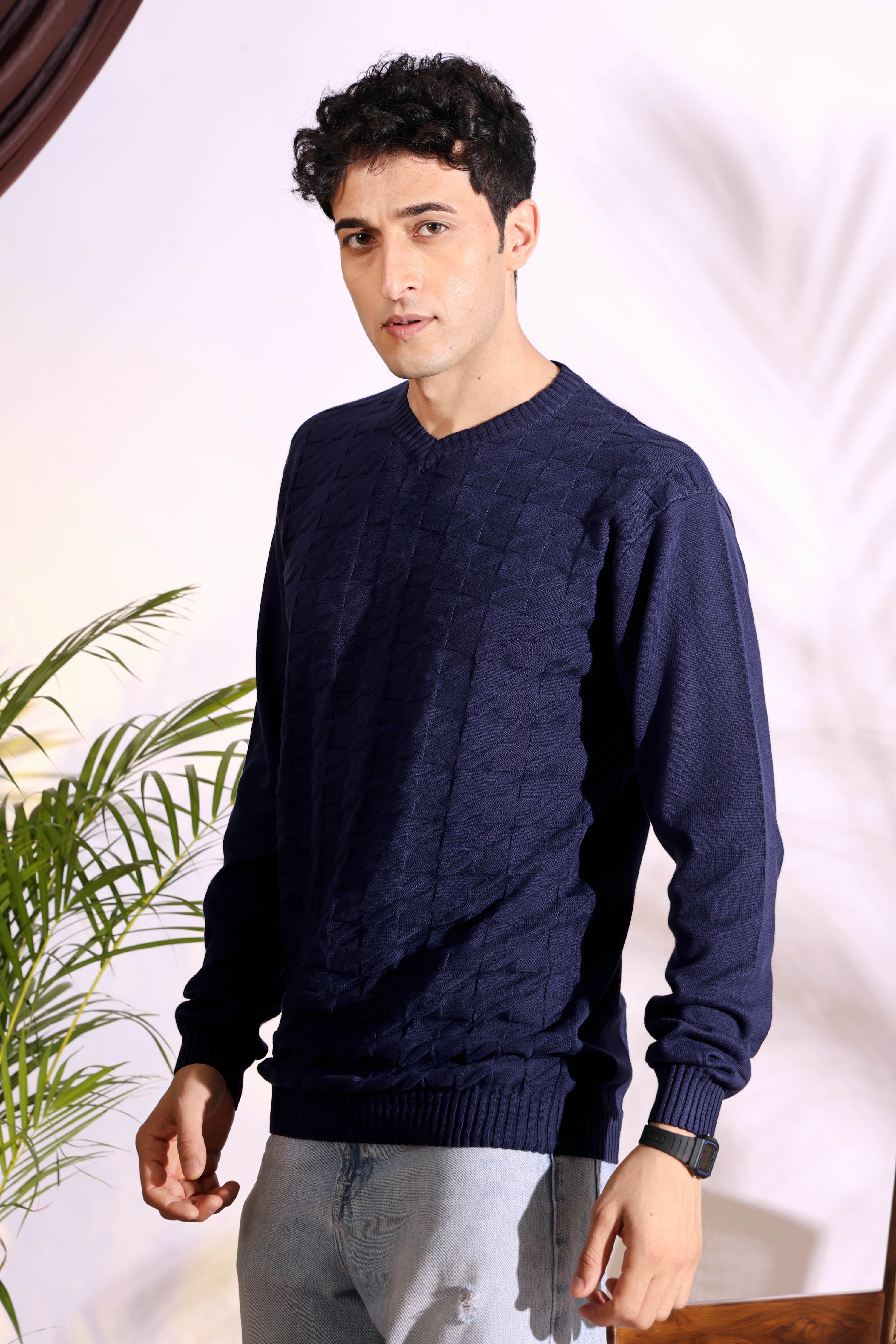 V-neck Blue Pure Cotton Textured Men's Knitted T-Shirt