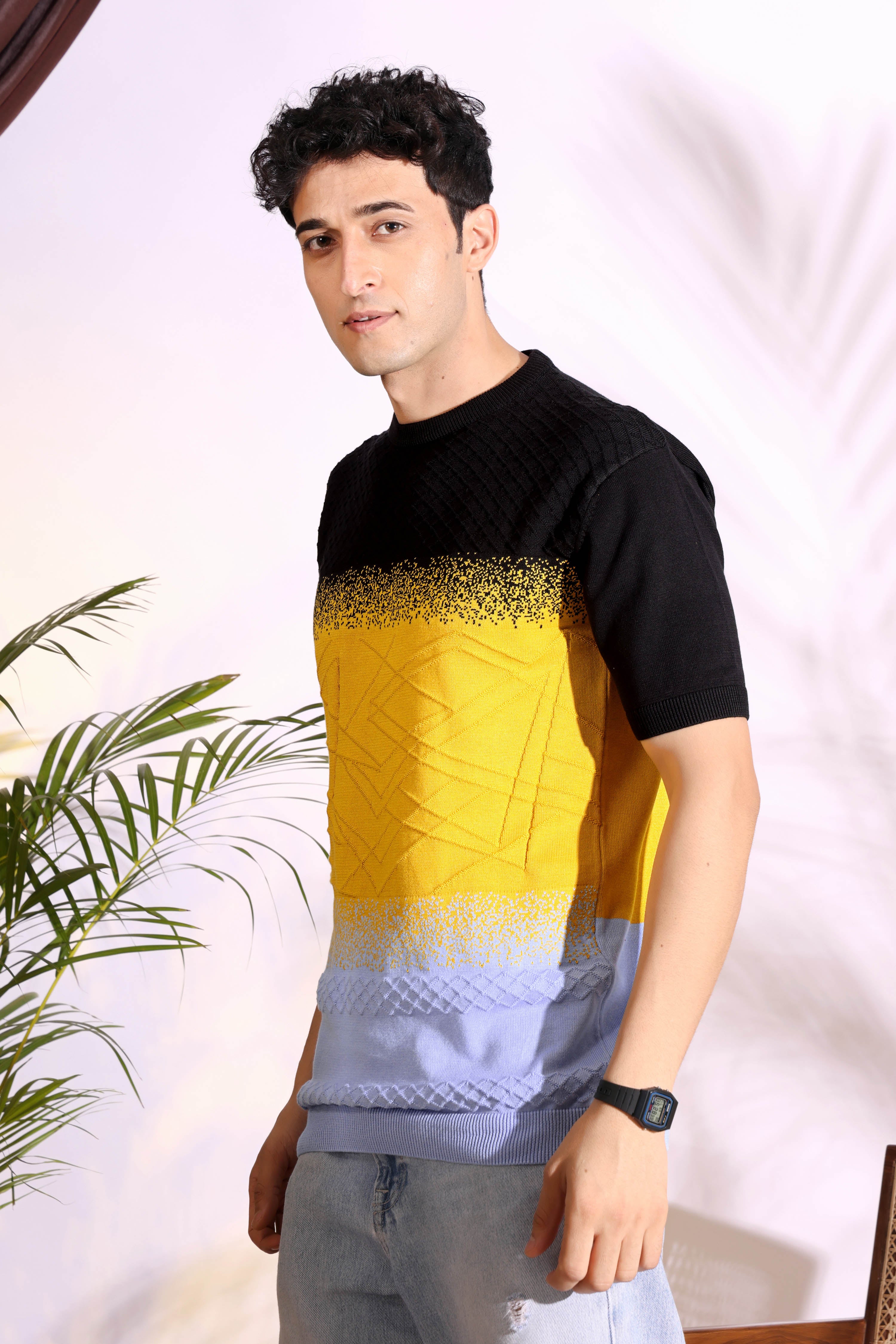 Multi Color Black Sun-Shine Knitted Men's T-Shirt