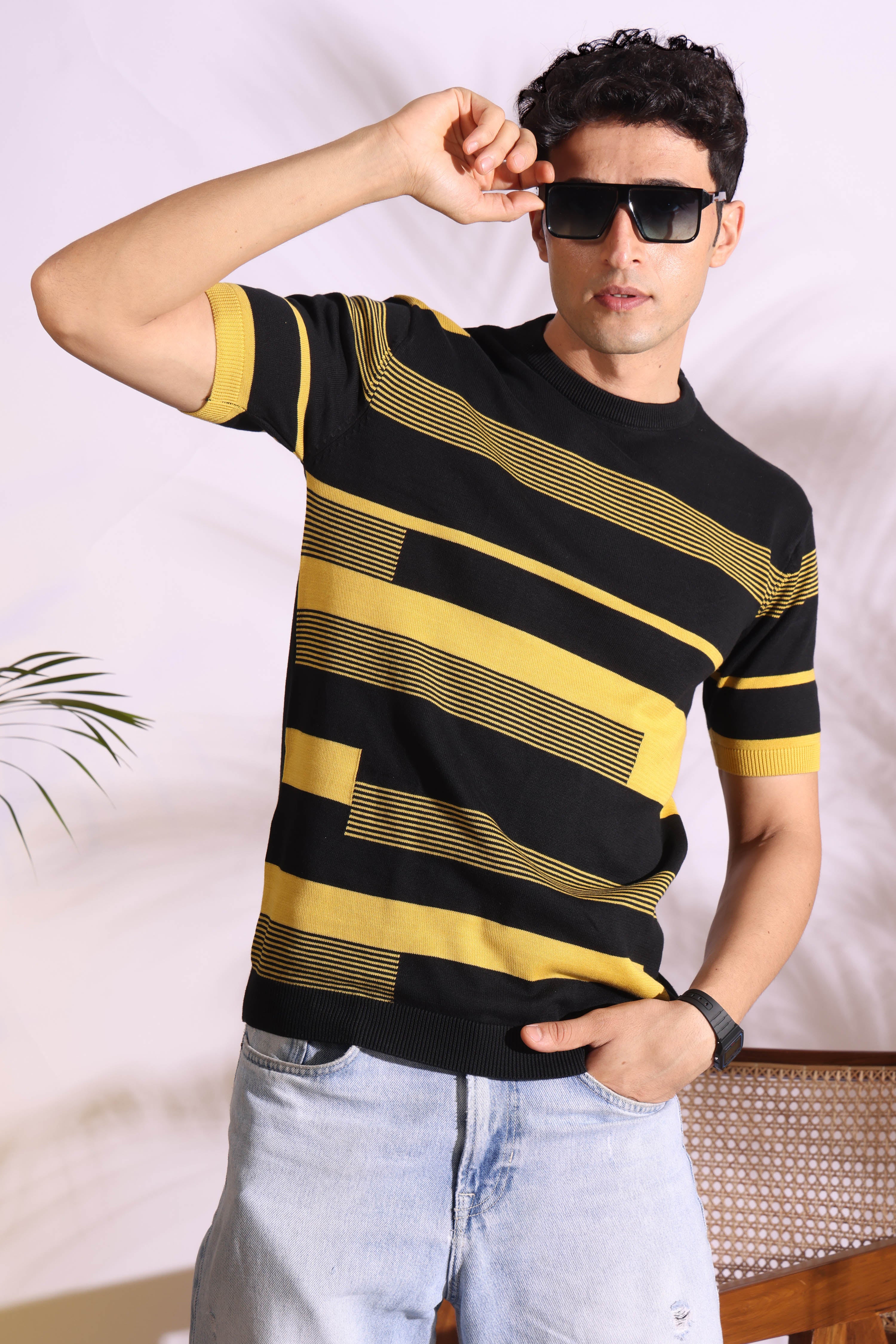 Yellow Stripe Pure Cotton Men's Knitted T-Shirt