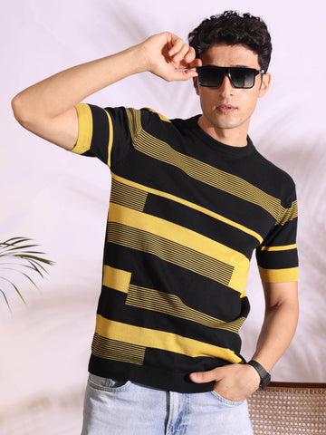 Yellow Stripe Pure Cotton Men's Knitted T-Shirt