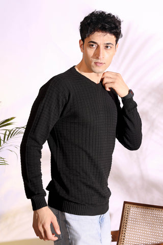 V-neck Black Pure Cotton Textured Men's Knitted T-Shirt