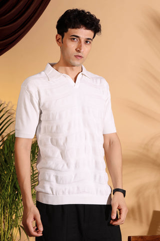 White Pure Cotton Textured Polo Men's Knitted T-Shirt