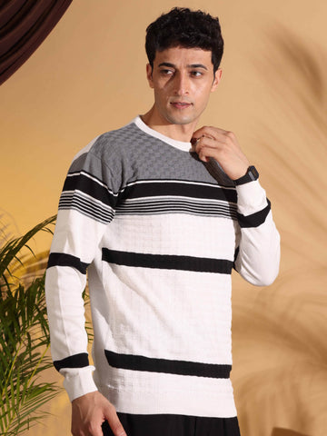 White Self Structured Box Pure Cotton knitted T-Shirt